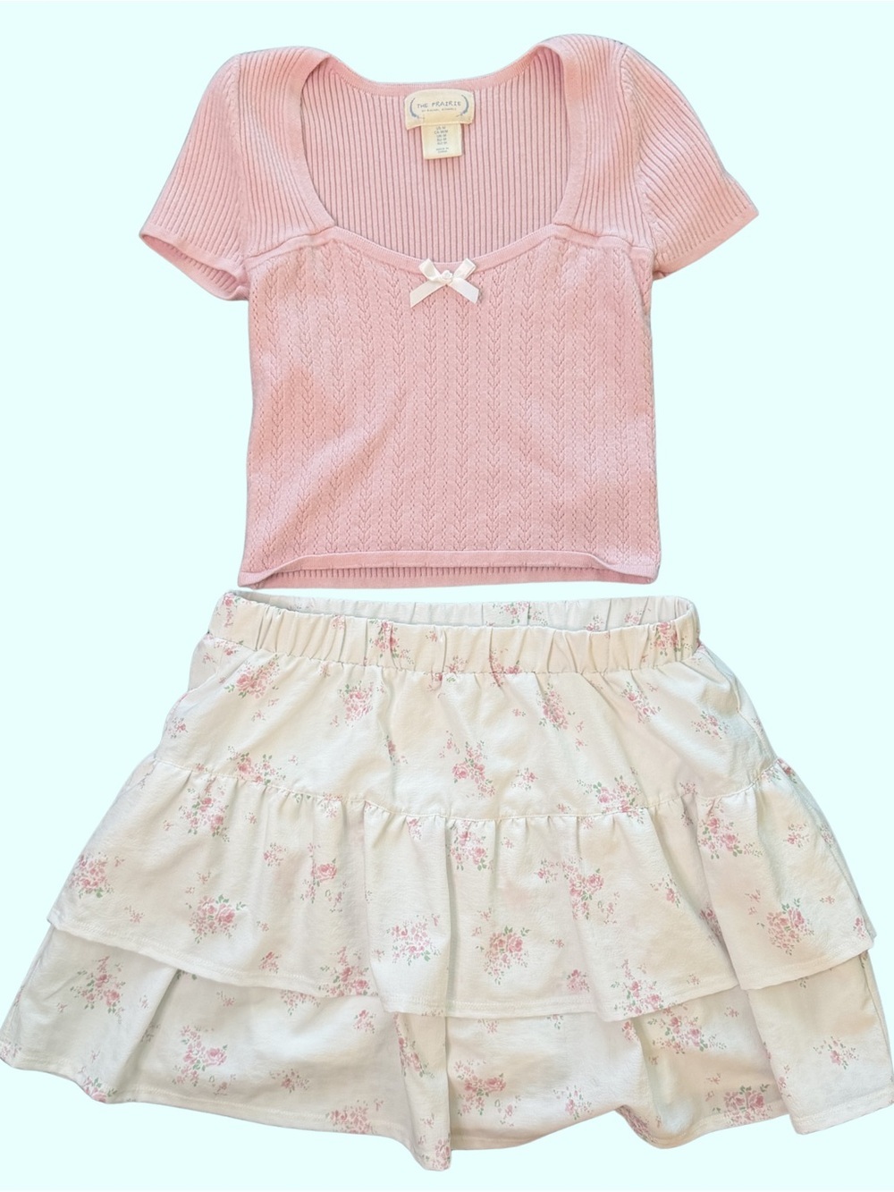 Pink Knit Top & Cream Floral Tiered Skirt Set